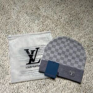 Louis Vuitton Gray Checker Knit Beanie with LV Patch